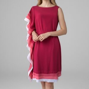 Vince Camuto Ruffle Midi Dress Sz 12 Pink Red Coral White Preppy Grecian Goddess